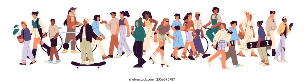 Concept of city life on banner. Many diverse people walk on urban street. Lots of men and women, crowd strolls, cycling, communicates on the go. Flat isolated vector illustration on white background