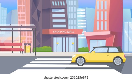 Concept City road mall. A flat, cartoon-style design of a city road mall with various buildings and storefronts on a white background. Vector illustration.