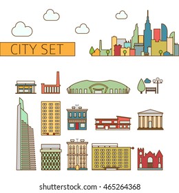 Concept of city set of downtown, center, central park, office, metropolis, residential, life. Isolated on white background. Trendy vector illustration, linear style