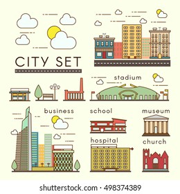 Concept of city set of downtown, center, central park, office, metropolis, residential, life. Isolated on white background. Trendy vector illustration, linear style