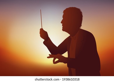 Concept of classical music with a bandmaster conducting his musicians during a concert.