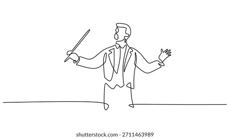 Concepto de concierto de música clásica. El dibujo continuo muestra a un maestro dirigiendo, una sinfonía y dirección artística. Actuación de artista de Ilustración vectorial.
