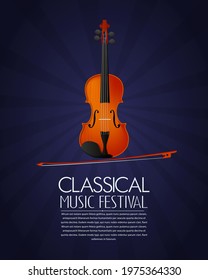 Concept for classical music festival flyer, poster with violin and bow. Editable vector composition with copy space.