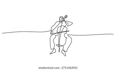 Ein Konzept der klassischen Musik und Orchesteraufführung. Eine durchgehende Linienzeichnung zeigt einen männlichen Musiker, der das Cello spielt, ein Symbol einer Live-Sinfonie.
