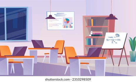 Concept Classroom. A flat, cartoon-designed background featuring a classroom with a chalkboard, desks, and other educational elements. Vector illustration.