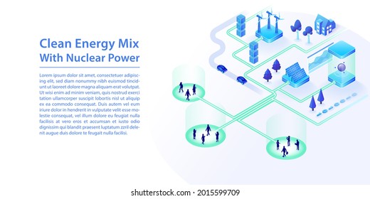 Concept of clean energy mix with renewable energy sources such as wind, nuclear power, solar energy. 3d isometric vector illustration as a web banner