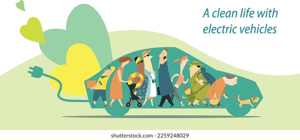 The concept of a clean future life that electric vehicles will bring.
Cartoon style Illustration of people of various professions using electric vehicles.