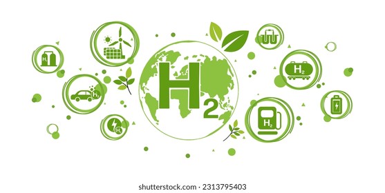 The concept of clean Hydrogen Energy with icons, changing the CO2 fuel cell to H2 switching to clean hydrogen energy with friendly and sustainable development for environment and alternative lifestyle