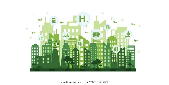 The concept of clean Hydrogen Energy with icons, changing the CO2 fuel cell to H2 switching to clean hydrogen energy with friendly and sustainable development for environment and alternative lifestyle