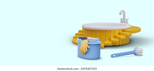 Concept of cleaning bath tube. Cleaning in bathroom. Advertising of professional service. Inventory and detergents for quality work. 3D bath, bucket with gloves, brush