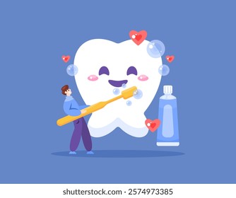 concept of cleaning and caring for teeth. illustration of a man brushing his teeth with a toothbrush. caring for teeth to stay healthy and clean. maintaining health. flat style design. elements