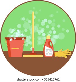 Concept of cleaning. Flat vector set of cleaning tools and household supplies. Minimal  vector graphics for web site, poster, banner, flier or print. 