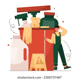 Concept of cleaning. Man in uniform with mop in front of bucket of products. Cleanliness and hygiene. Routine and household chores. Washing bucket and detergent. Cartoon flat vector illustration