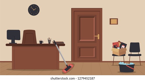Concept of cleaning office or reception area or moving in new office.Wooden door,sign,table,monitor,cardboard box with stationery,wall clock,cup of coffee.MOP and bucket,soapy foam.Vector illustration