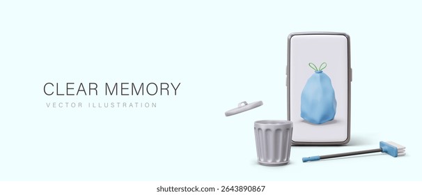 Concept of cleaning phone memory. 3D smartphone with garbage bag on screen, sweeping brush, metal dustbin. Advertisement for gadget application. Delete information