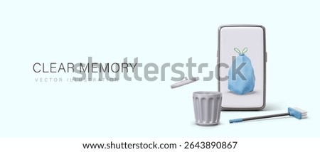 Concept of cleaning phone memory. 3D smartphone with garbage bag on screen, sweeping brush, metal dustbin. Advertisement for gadget application. Delete information