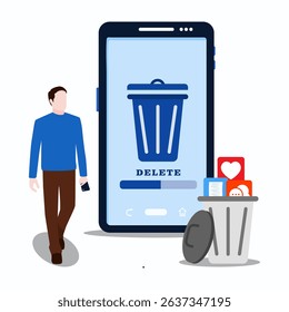 The concept of cleaning the phone from trash files. A man looks at the deletion progress screen on a smartphone.