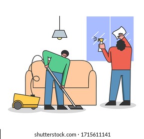 Concept Of Cleaning Service. Cleaning Stuff Clean Apartment. Man And Women Vacuuming Floor And Clean Windows. Characters Doing Wet Cleaning In Room. Cartoon Linear Outline Flat Vector Illustration