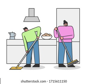 Concepto De Servicio De Limpieza. Limpiando apartamento limpio. Hombre Y Mujer Barriendo El Suelo En La Cocina. Personajes Haciendo Limpieza En La Habitación. Ilustración de vectores planos de contorno lineal de caricatura