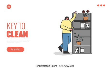 Concept Of Cleaning Service. Website Landing Page. Women Dusting Cabinet. Character Doing Wet Cleaning Use Cleaning Agent And Napkin. Web Page Cartoon Linear Outline Flat Style Vector Illustration