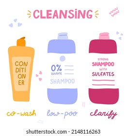 Concept of cleansing by Curly Girl Method. Different types of cosmetic products for clarifying curly, wavy hair. Soft sulfate free shampoo, strong bottle with sulfates, conditioner. Co-wash, low-poo.