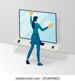 The concept of clearing the information congestion. The girl washes the monitor from information overload. Vector illustration. 