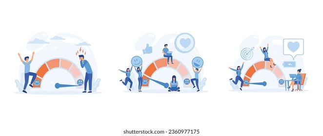 Concept of Client Feedback, Consumer Online report. User Experience. Low Stress level, good mood indicator, set flat vector modern illustration 