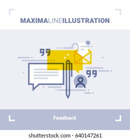Conceito de feedback do cliente, depoimentos e mensagens. Ilustração de linha Maxima. Design plano moderno. Composição vetorial.
