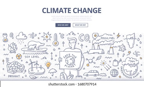 The Concept Of Climate Change And Global Warming. A Man Holding A Placard Speaks Out Against The Causes That Lead To Climate Change. Save Our Planet. Doodle Abstract Illustrations