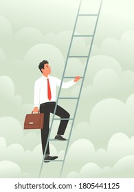 Concept of climbing the career ladder. Metaphop of conquering heights in business. The businessman climbs up the stairs. Vector illustration in flat style