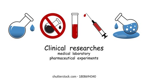Concept of clinical laboratory equipment for medical and chemical research, flasks, beakers, syringe, test tubes, symbols, signs, icon collection. Vector illustration isolated.
