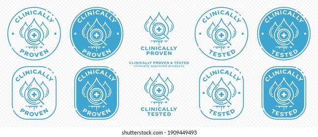 Concept - Clinically proven. Drop test with a magnifying glass is a symbol of clinical examination. Vector	 set.
