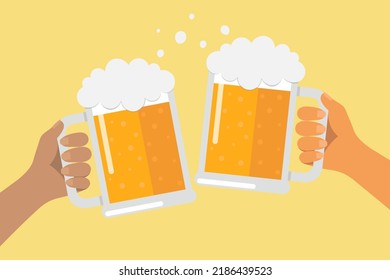 Concept Of Clink Beer With Two Hands. Cheers Vector Illustration In Flat Style