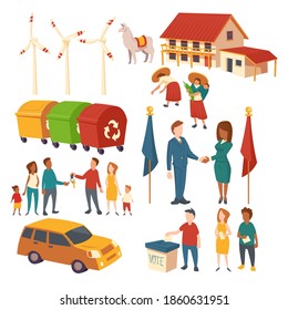 Concept clip art of politician election, agreement, car purchase, recycle garbage, eco energy and plantation. Vector cartoon set of acting people, house, lama, windmills and trash bins