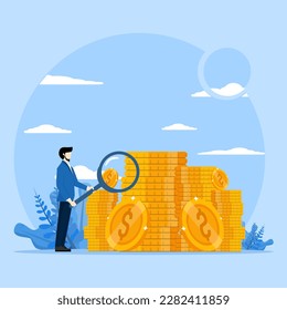 Concept Closer look at finance, Businessman with magnifying glass examining and doing research on business economics and money. Flat design vector illustration.