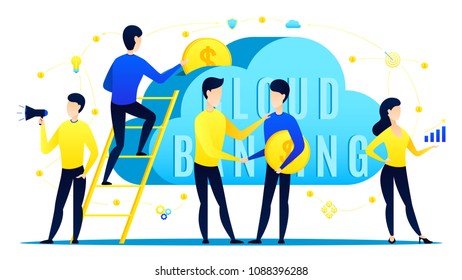 Concept of cloud banking. Businessmen invest money in cloud bank. Vector illustration with coins growth chart.