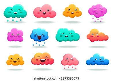 Concept Cloud characters. This illustration features a set of flat, cartoon-style cloud characters in various poses and emotions on a white background. Vector illustration.