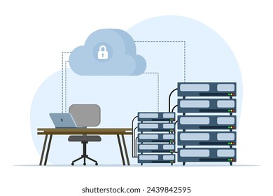 concept of cloud computing, data center, file management, cloud storage, web hosting service. Database for documents and files. Upload and download data, file management. Data transfer, backup.
