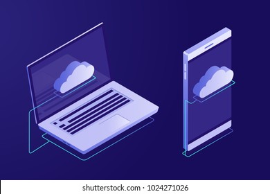 Concept of cloud computing. Devices connected to the cloud. Synchronizing devices with cloud storage. Vector illustration in Isometric style