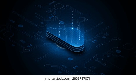 The concept of cloud computing and future data center technology. Digital storage servers on blue circuit boards. High-speed server connectivity for big data processing.