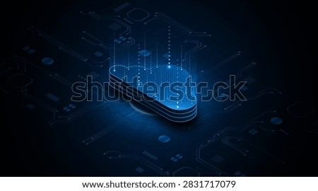 The concept of cloud computing and future data center technology. Digital storage servers on blue circuit boards. High-speed server connectivity for big data processing.