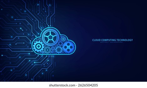 Concept of Cloud Computing. Gears with a cloud shape on a circuit board in a futuristic blue background. Database computing, online storage, Data storage, and IOT. Vector illustration.