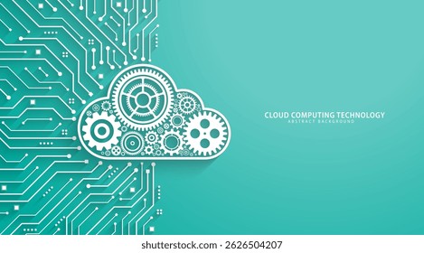 Concept of Cloud Computing. Gears with a cloud shape on a circuit board. Modern abstract background. Database computing, online storage, Data storage, and IOT. Vector illustration.