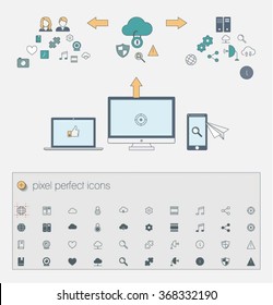 Concept of cloud computing and protecting data. Thin line icons of business data analytics, finance statistics, web search analysis, database research.