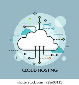 Concept of cloud computing service or technology, big data storage and hosting, online file download, upload, management and synchronization. Unique vector illustration for banner, website, poster.