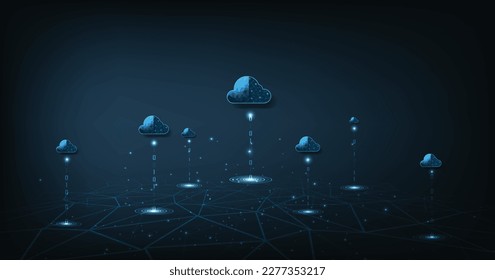 Concept of Cloud computing technology on the data network. cloud computing technology transfer database to the cloud with connected polygons with a dark blue background.