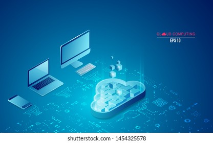 concept of cloud computing technology, cloud symbol with digital devices in isometric