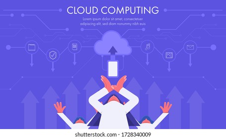 Concept cloud computing technology vector illustration with flat design people ,white outline icon and circuit pattern.