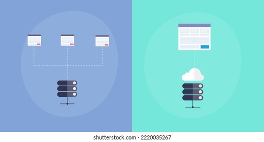 Concept Of Cloud Hosting And Shared Hosting, Cloud Server, Shared Server, Online Data Storage - Flat Design Vector Illustration