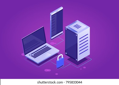 Concept of cloud information and data storage, clone files on cloud server, protection connection, synchronized digital devices 